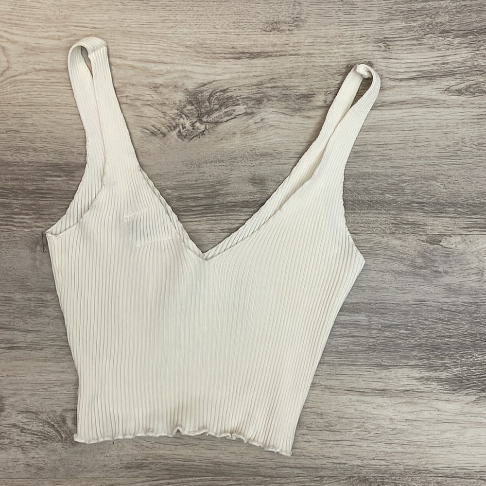 Polly Off White Ribbed Cropped Knit V-Neck Stretch Sleeveless Tank Top Size 2